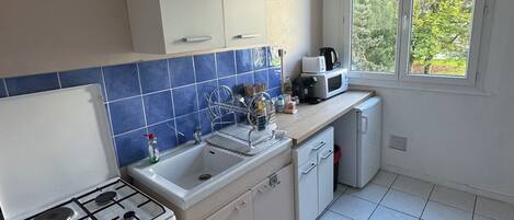 Fridge, microwave, stovetop, coffee/tea maker