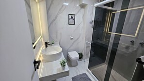 Hair dryer, bidet, towels, soap