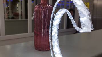 A decorative glass sculpture on a table, a red vase with flowers, and a modern interior with glass partitions.