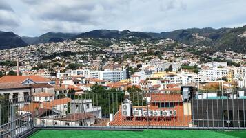 A view of a cityscape with a green artificial turf area in the foreground, buildings with red-tiled roofs, and a cloudy sky.