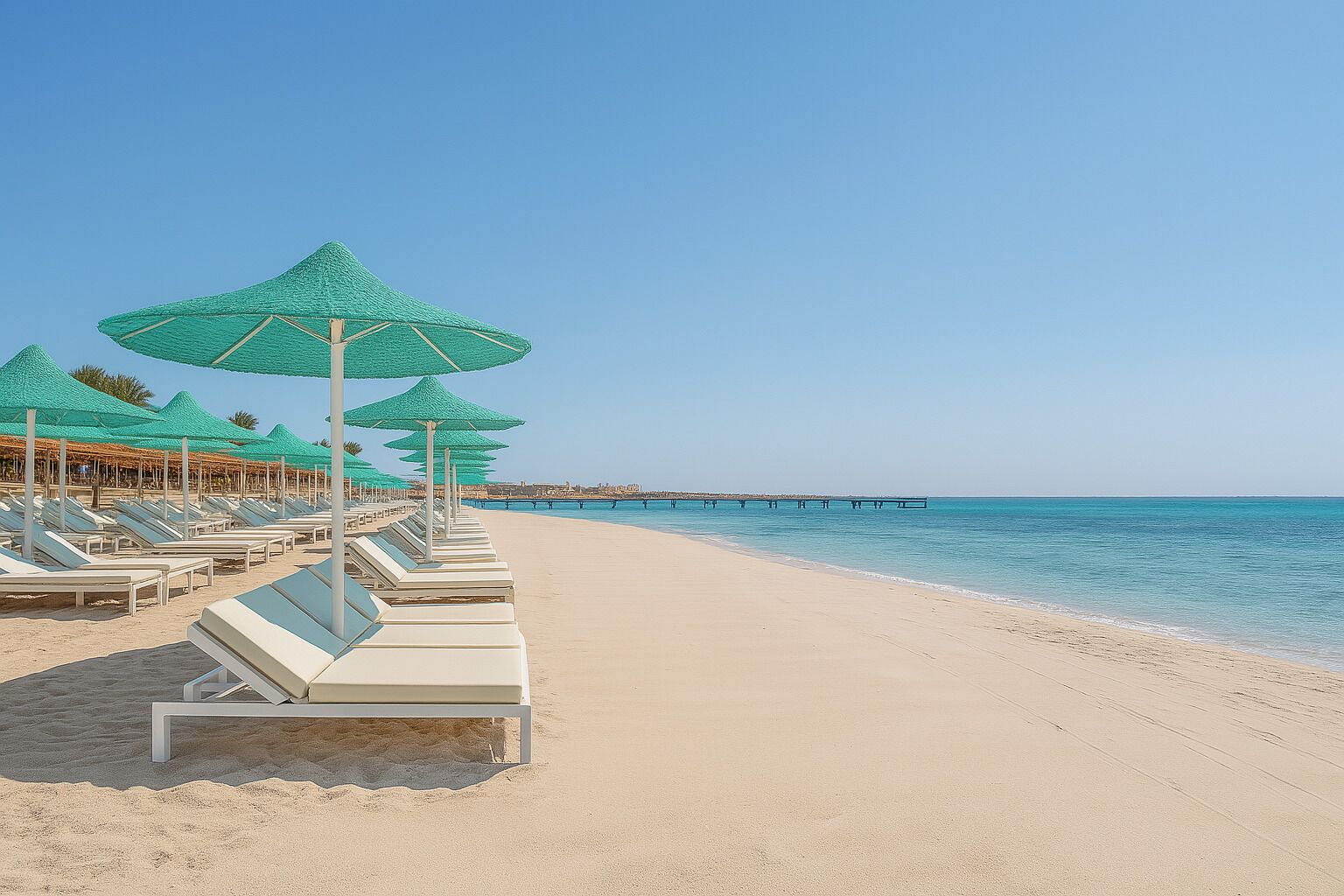 A beach with rows of sun loungers and green umbrellas, a pier in the background, and clear blue skies.