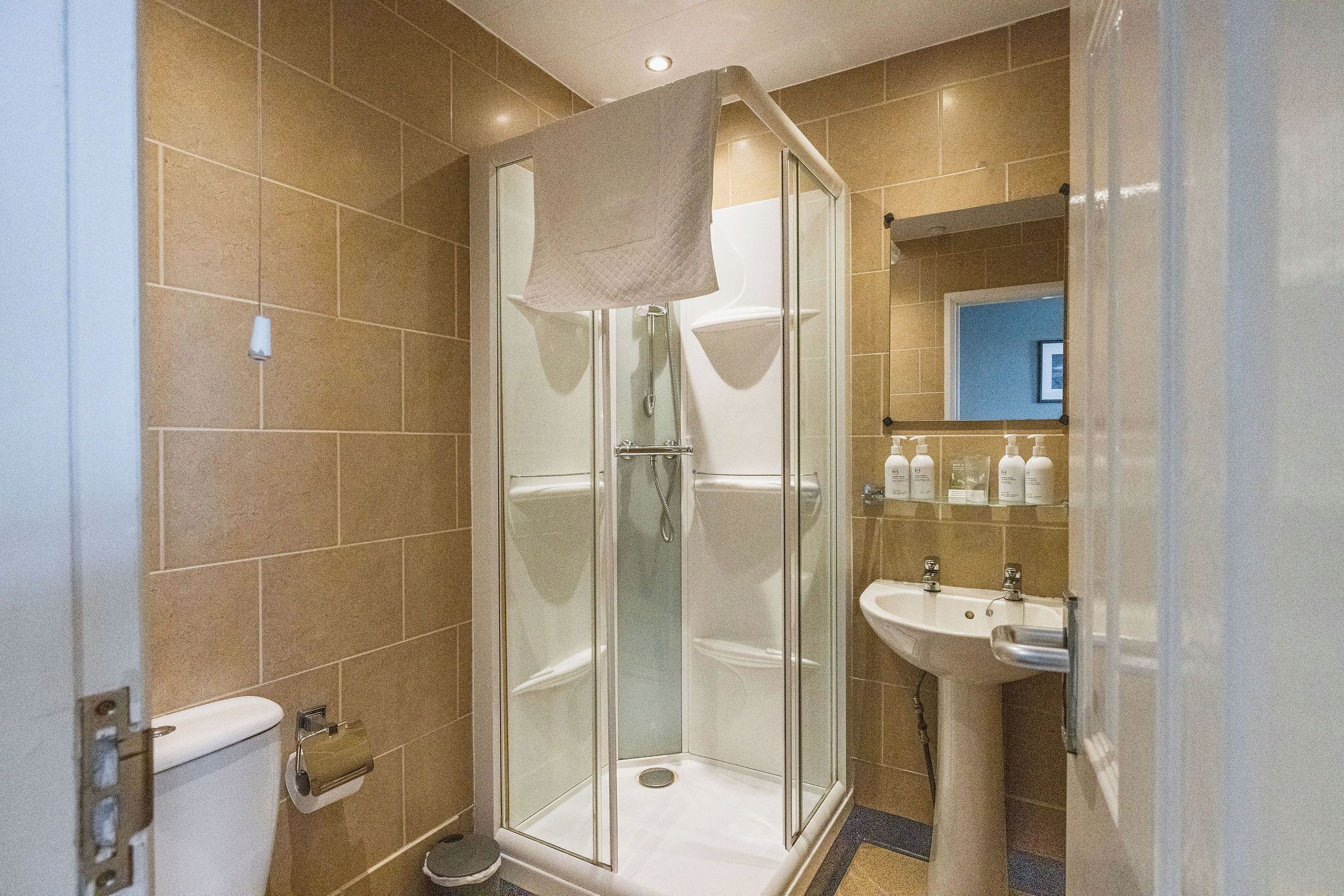 A shower with a glass door, a toilet, and a sink with toiletries.