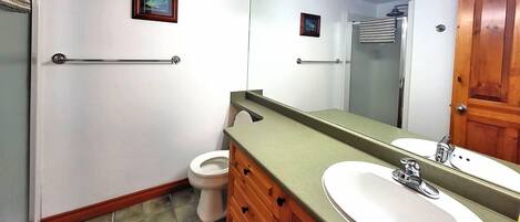 A bathroom with a toilet, a sink, a mirror, and wooden cabinets.