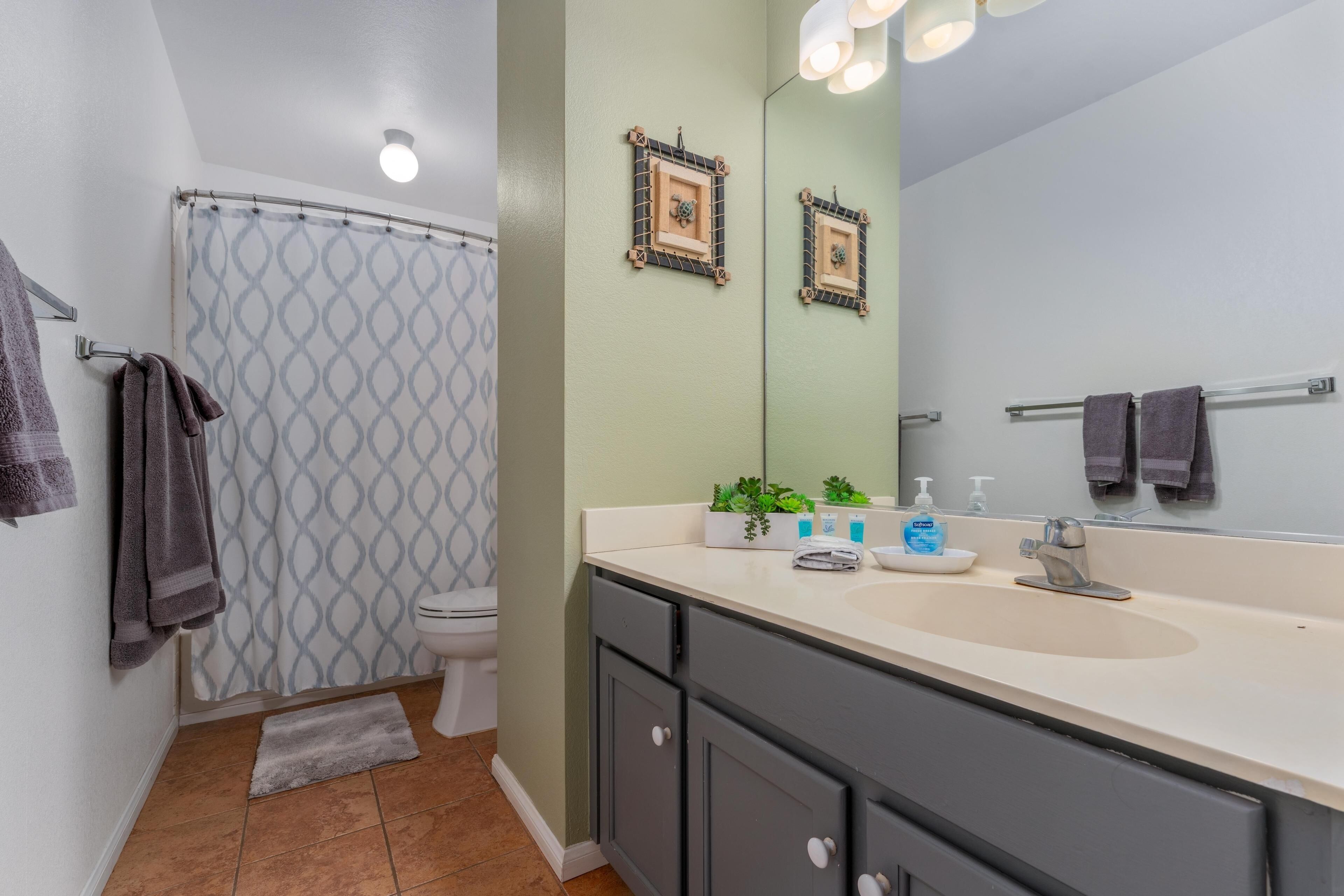 Une salle de bain avec un rideau de douche, un lavabo avec un miroir et des serviettes sur un porte-serviettes.