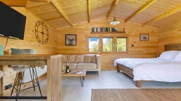 Een televisie, een open haard en een stereo