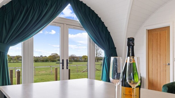A table with a bottle of champagne and a glass, a wooden door, and a view of a green landscape through a window with curtains.