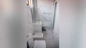 Hair dryer, towels, soap, toilet paper