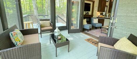 TV, fireplace, books