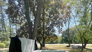 A hot tub in a park with trees and a grassy area. - Cozy Mid-Century Mod by Lake MI&Dunes with Hot Tub (Sawyer)
