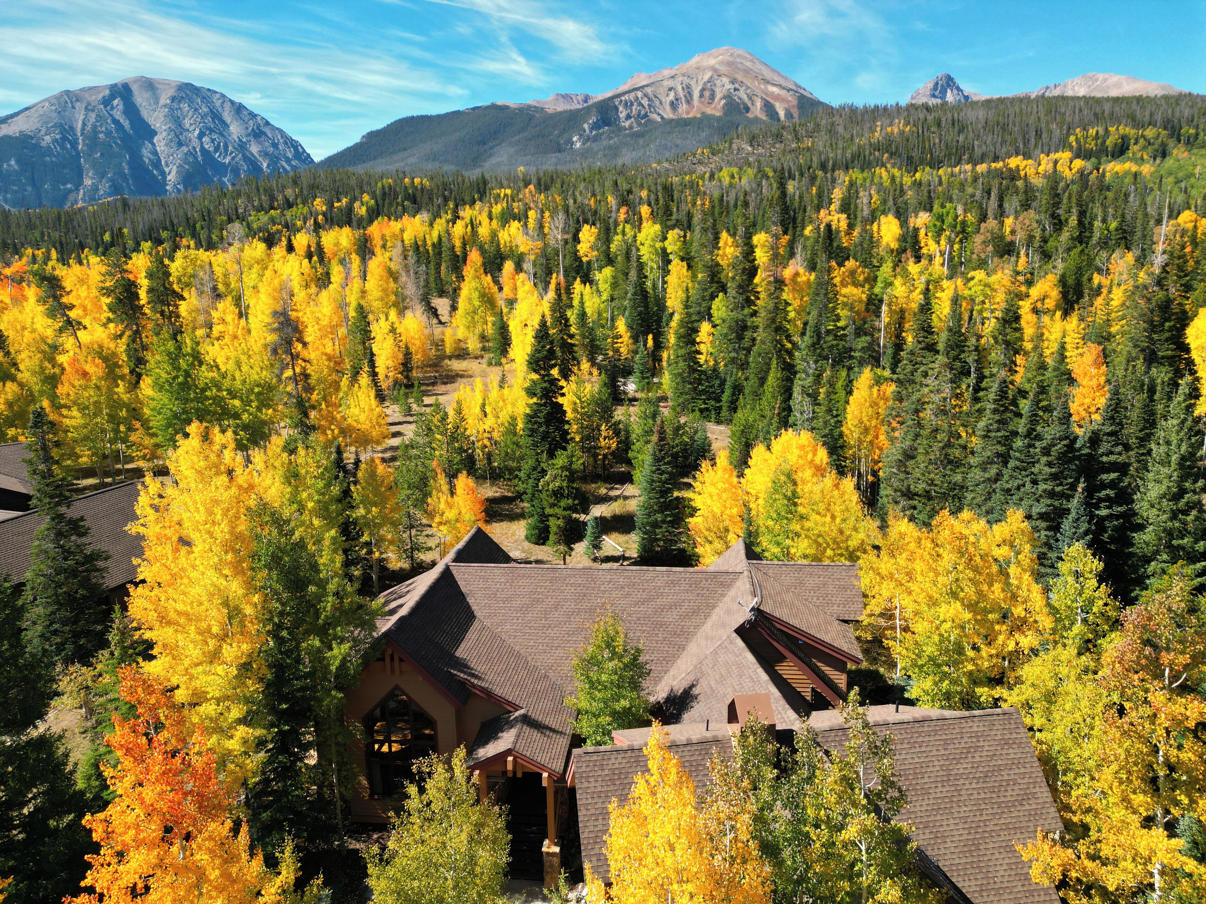 A lodge with a prominent mountain backdrop, surrounded by a forest of autumn-colored trees.