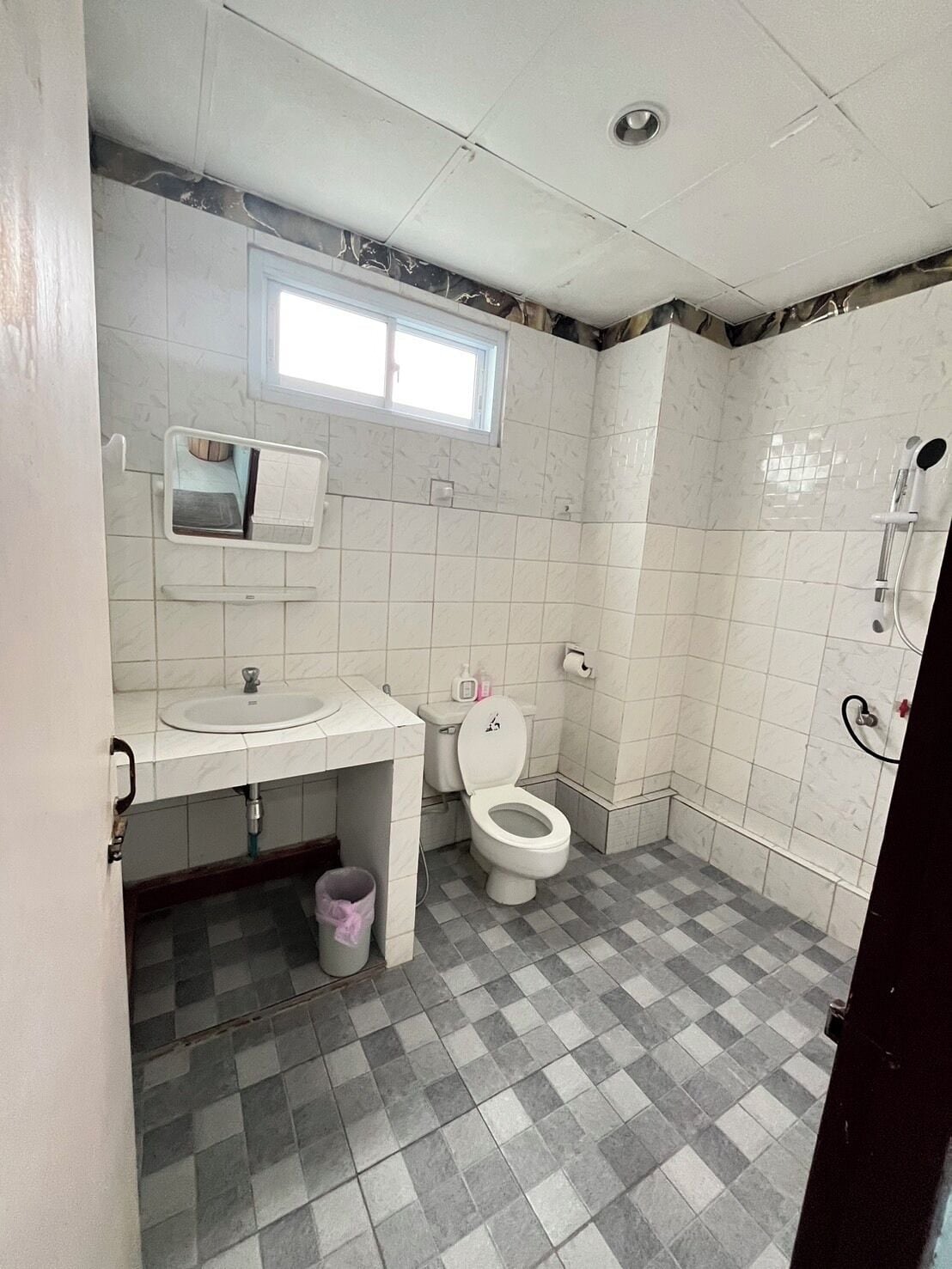 Un baño con inodoro, lavamanos y ducha.
