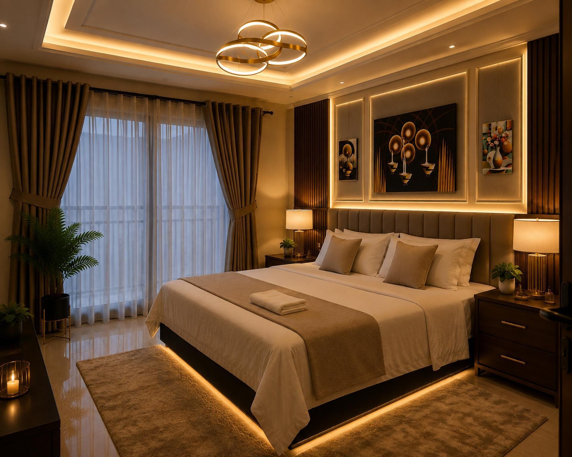 Un dormitorio moderno de hotel con una cama grande, lámparas de noche, una lámpara de techo decorativa y obras de arte en las paredes.