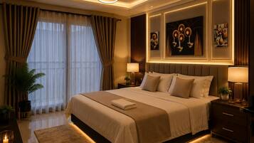 Un dormitorio moderno de hotel con una cama grande, lámparas de noche, una lámpara de techo decorativa y obras de arte en las paredes.