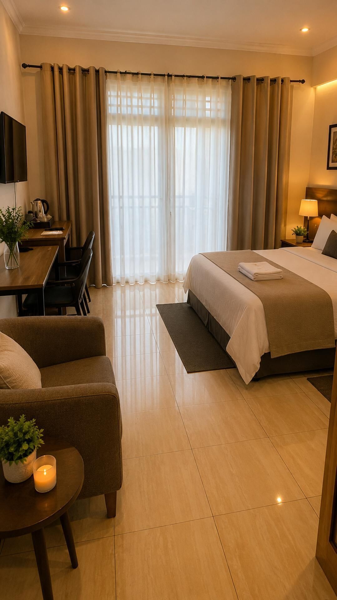 A hotel room with a bed, a desk, a chair, a small table with a candle, and a view through a window with curtains.