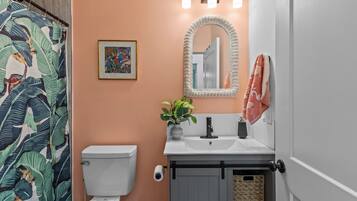 Hair dryer, towels, soap, shampoo