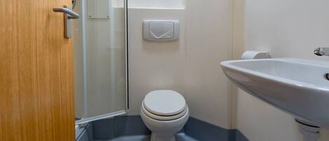 Un baño con inodoro, lavabo y ducha.