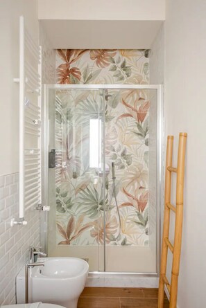 Shower, hair dryer, bidet, towels