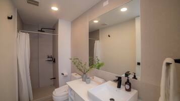 Regadera, secadora de cabello, toallas, jabón