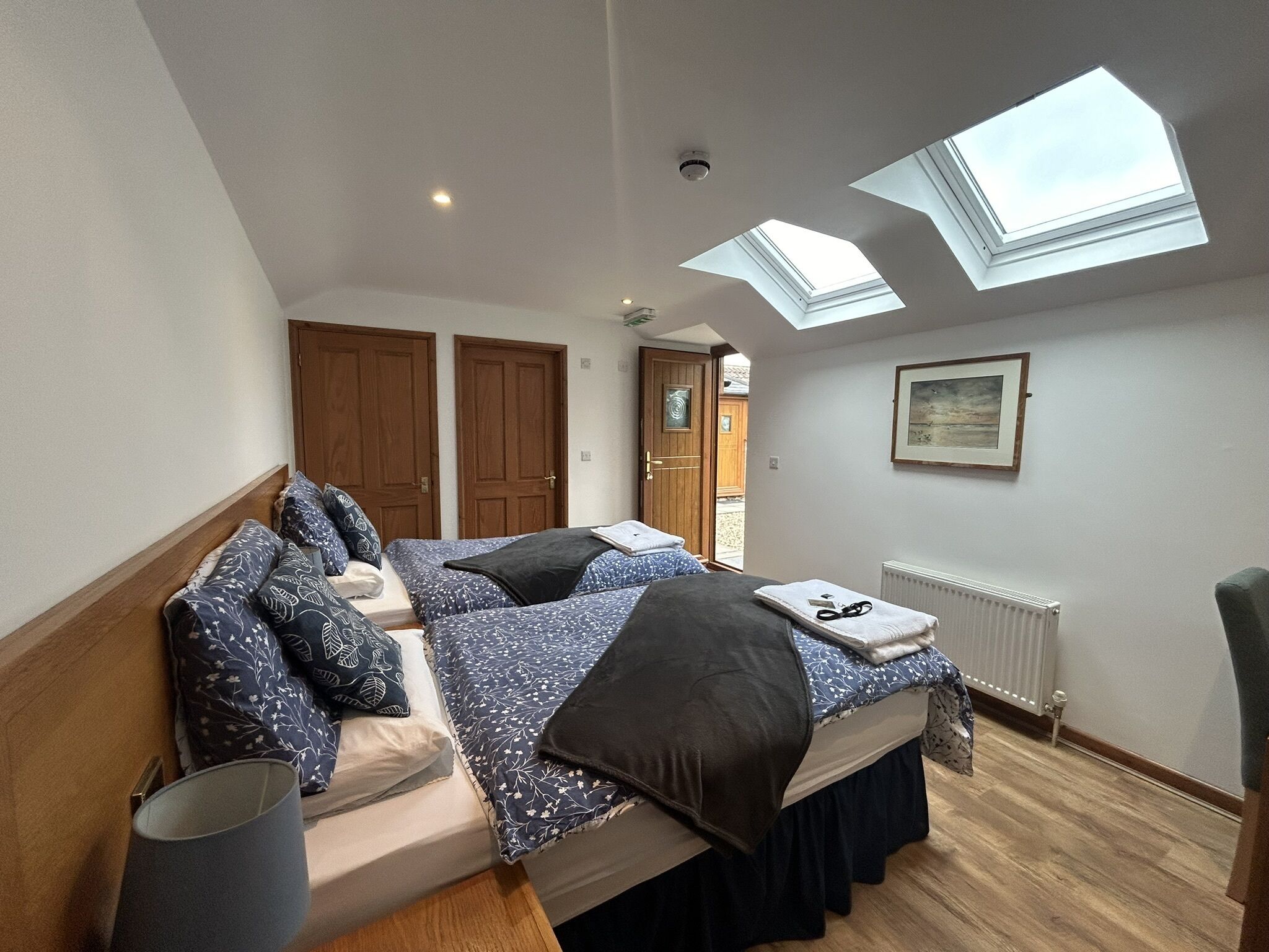 A bedroom with two beds, skylights, a radiator, and a framed picture on the wall.