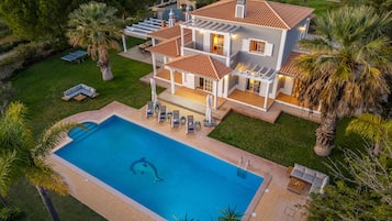 Relax in a spacious backyard with a large pool, surrounded by a well-maintained lawn and palm trees.