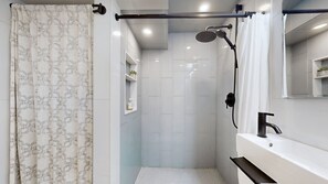 Hair dryer, towels, soap, toilet paper