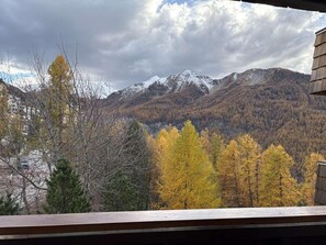 A mountain landscape with autumn foliage and snow-capped peaks.