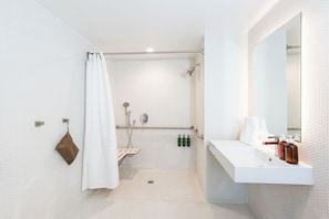 Hair dryer, bathrobes, towels, soap