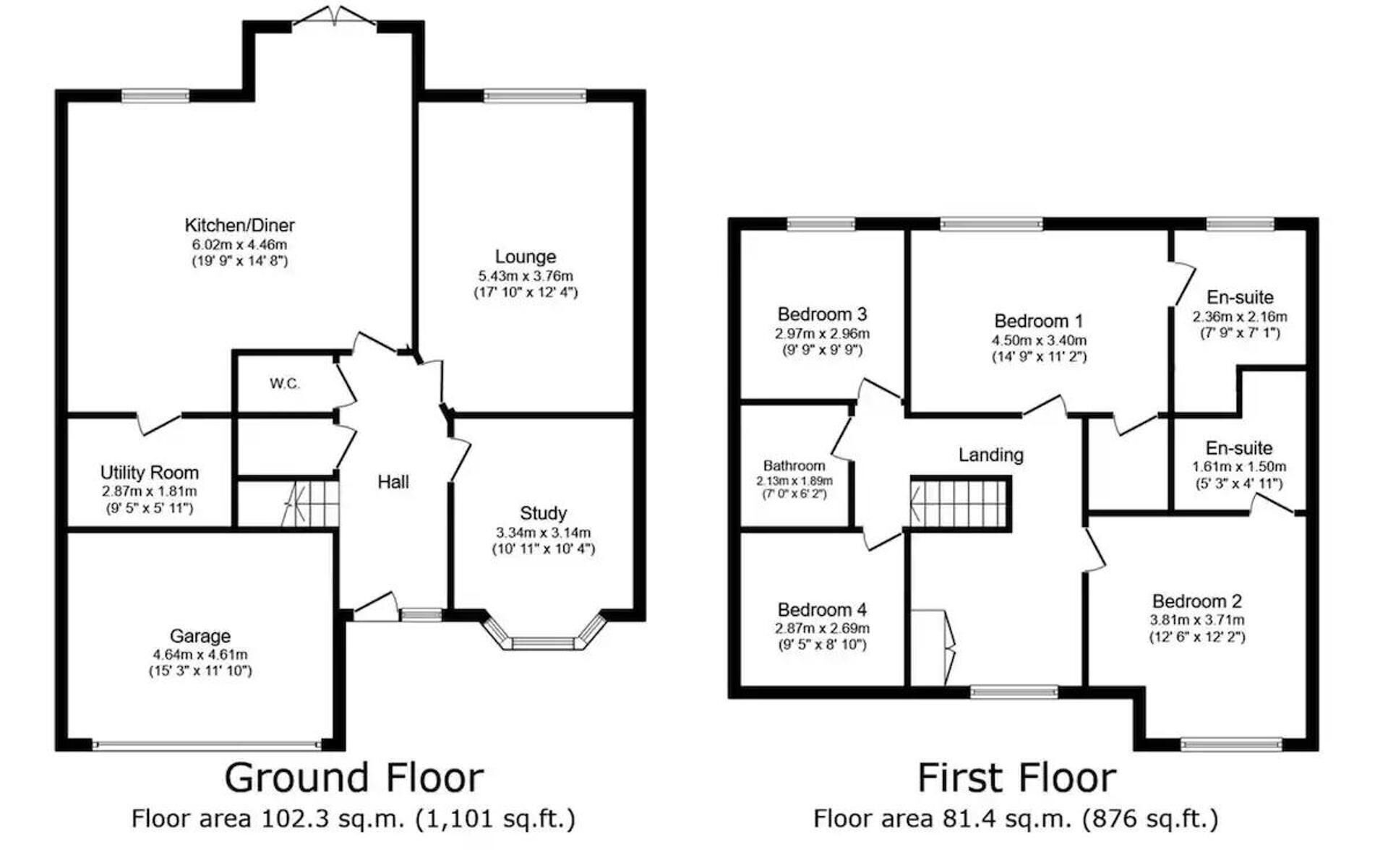 Planta baixa de um hotel com o andar térreo e o primeiro andar. O andar térreo inclui cozinha/sala de jantar, sala de estar, lavanderia, garagem e escritório. O primeiro andar tem três quartos, um hall de entrada e duas casas de banho privativas.