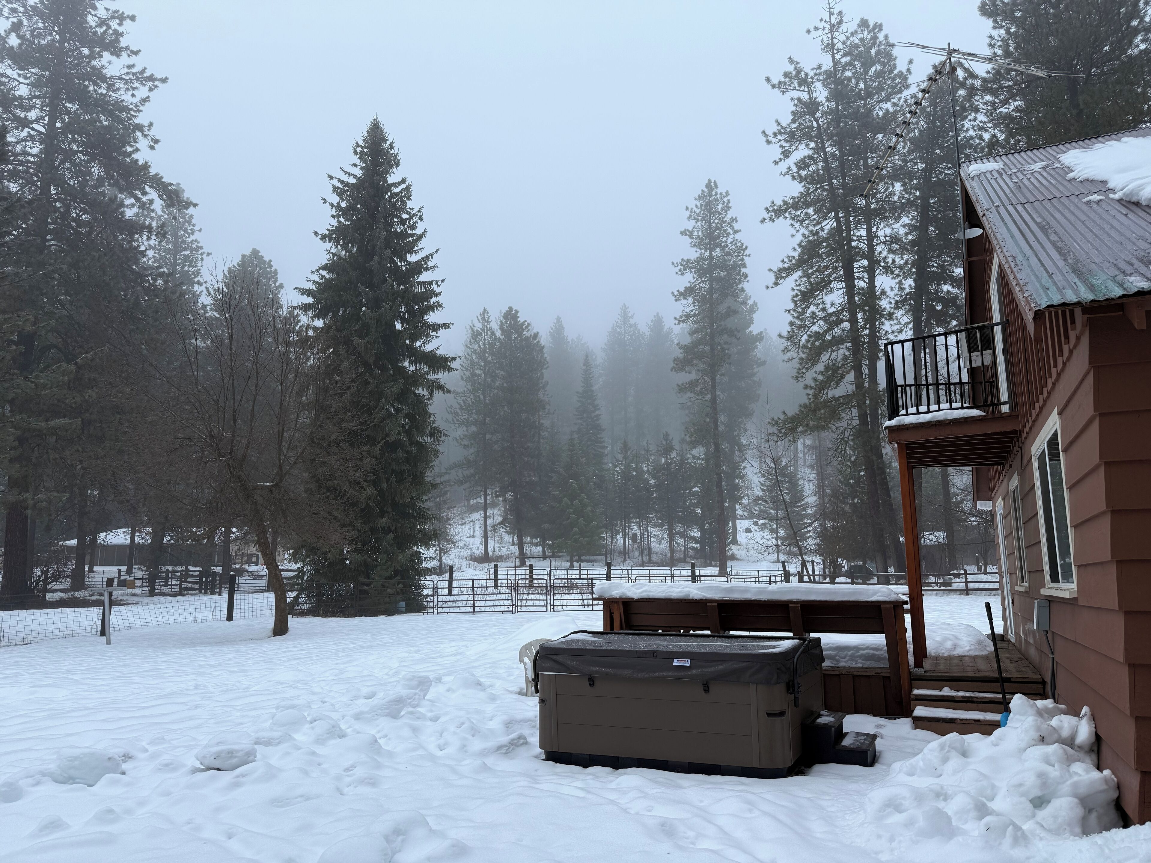 A cabin with a wooden deck, surrounded by snow-covered ground and tall evergreen trees.