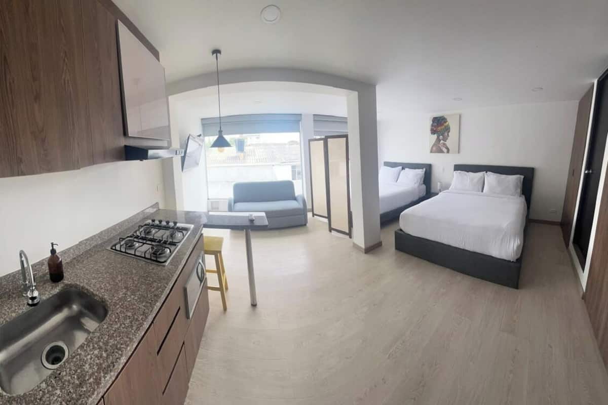 1 bedroom, laptop workspace, blackout curtains, soundproofing