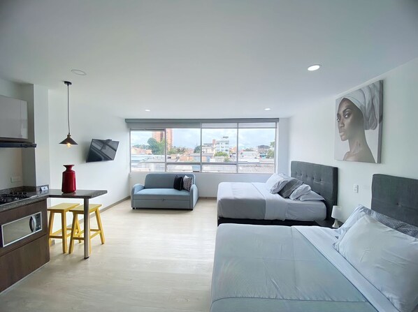 1 bedroom, laptop workspace, blackout curtains, soundproofing