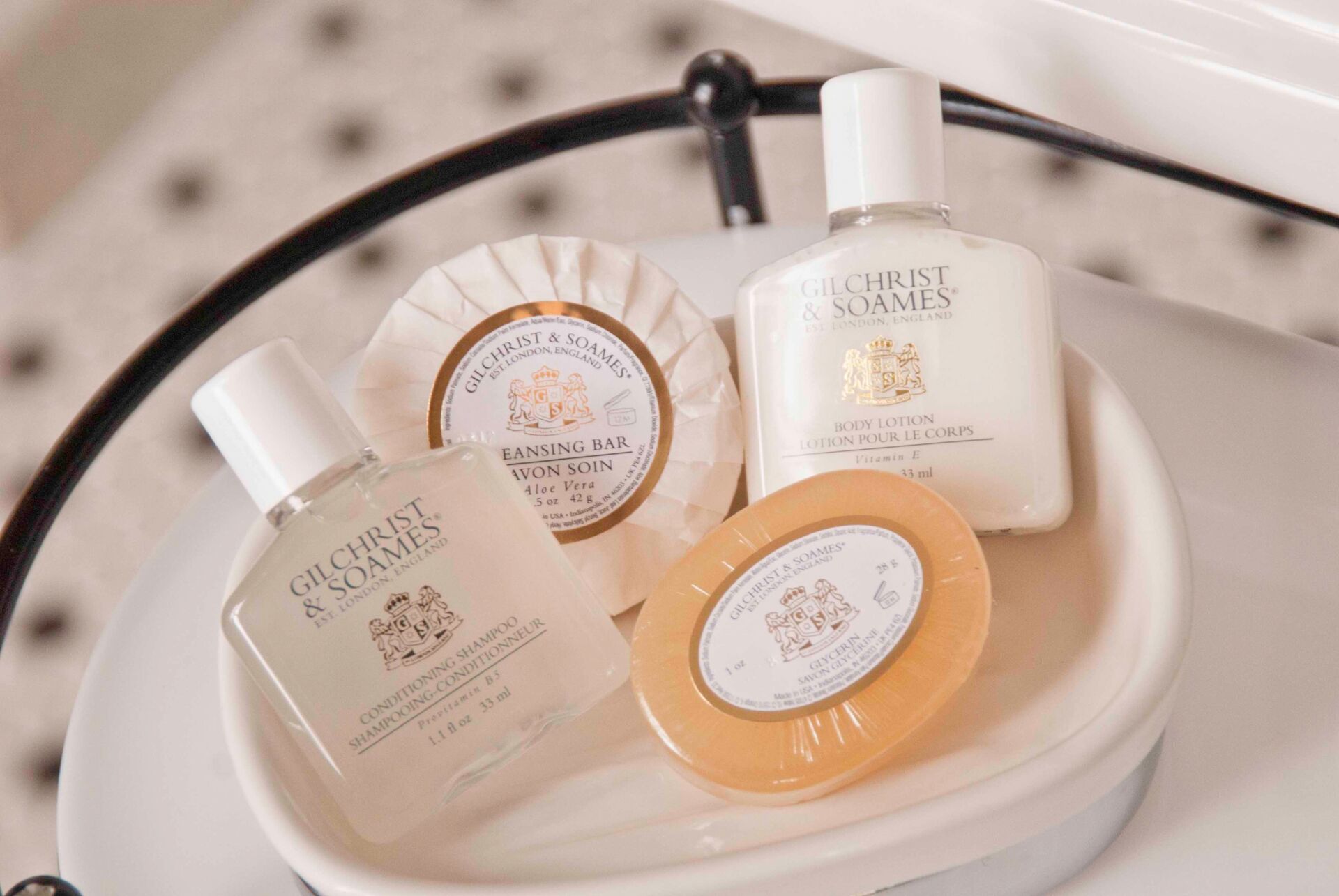 Three Gilchrist & Soames products on a tray.