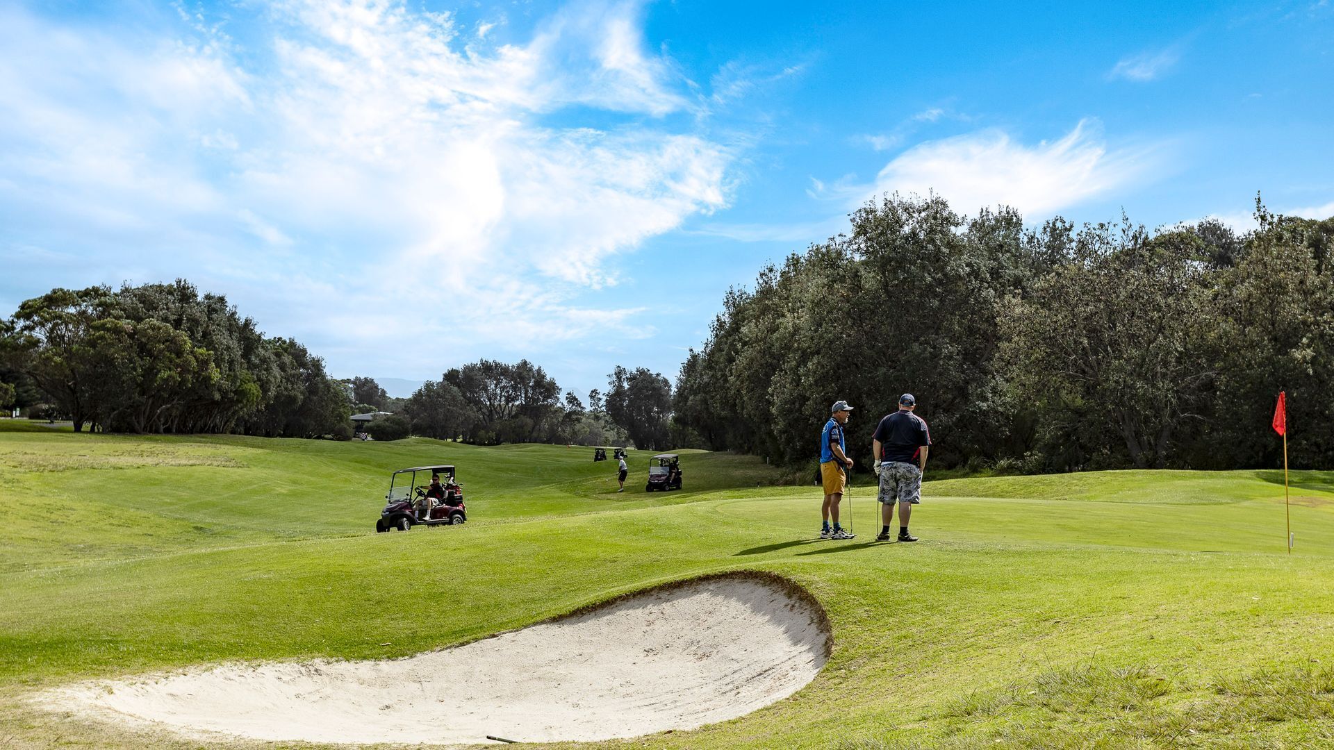 Campo de golf con búnkeres de arena, árboles y carros de golf.