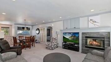 TV, fireplace, table football, ping pong