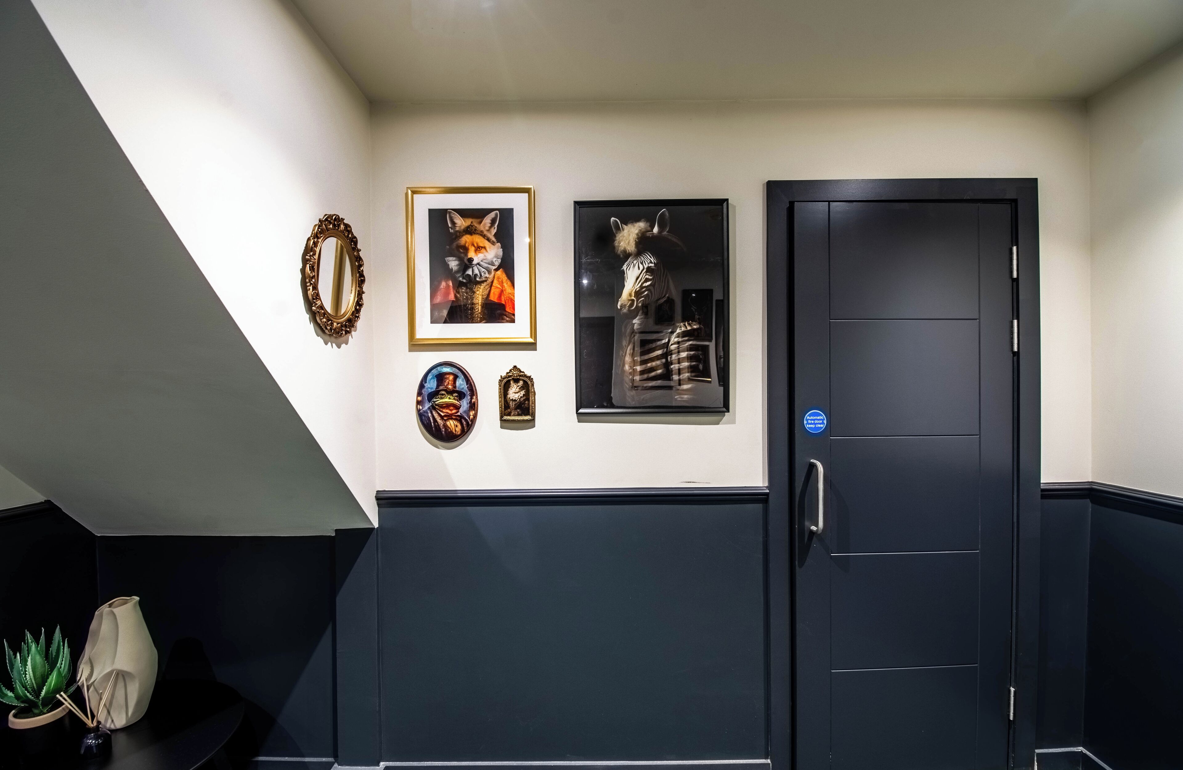 A hallway with a black door, framed artwork, and a potted plant.