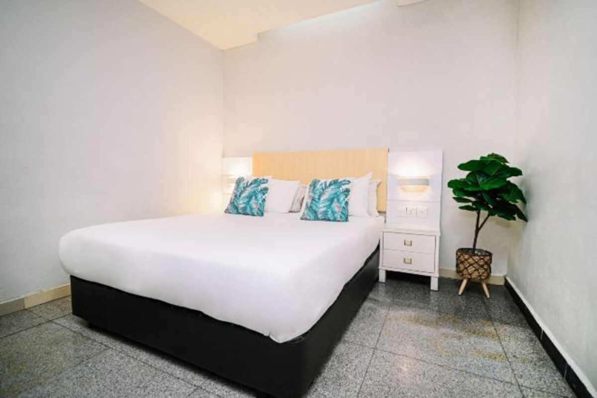 Una cama bien hecha con ropa blanca, una mesita de noche con una lámpara y una planta en maceta.