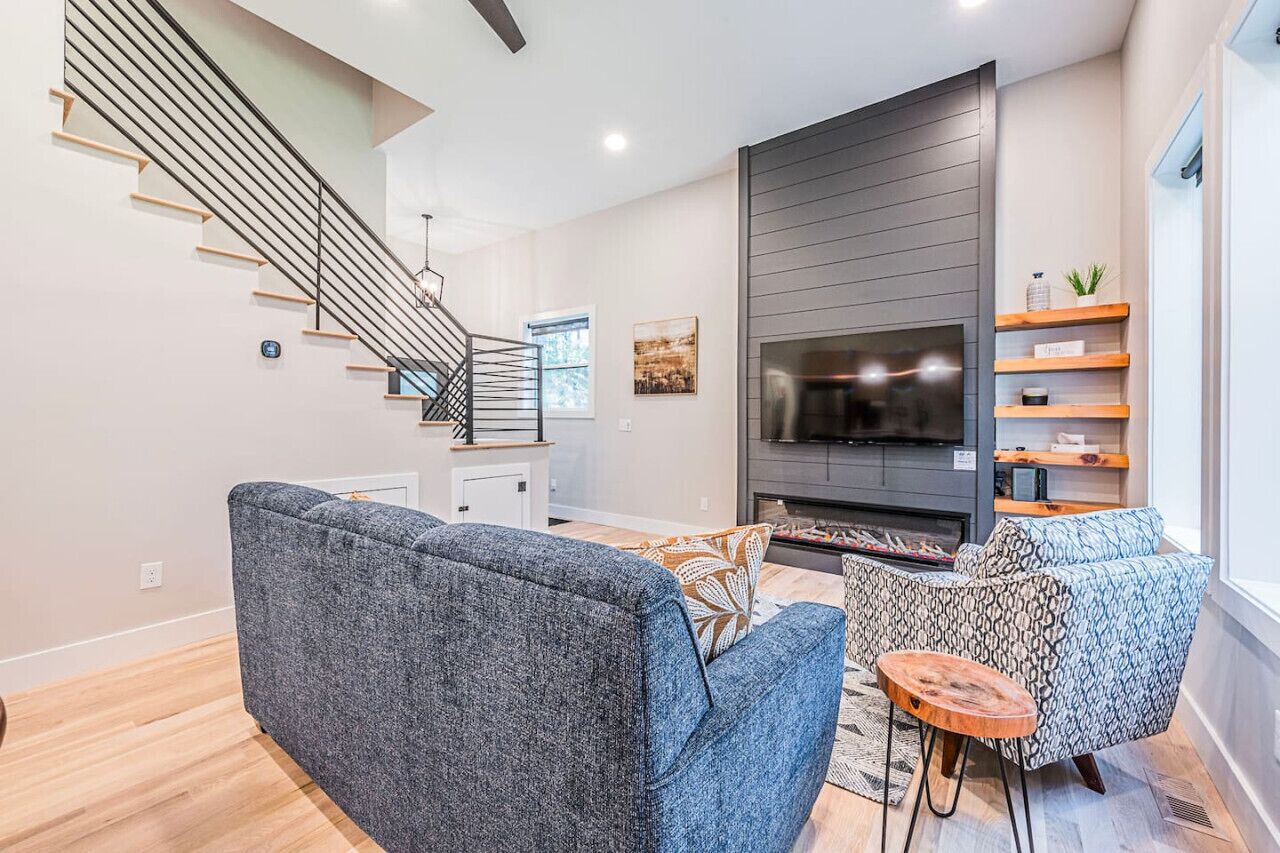 Smart TV, fireplace, books