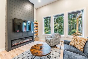 Smart TV, fireplace, books