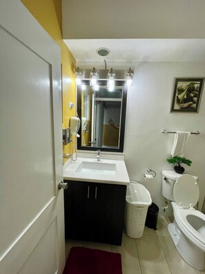A bathroom with a sink, mirror, toilet, and a small potted plant.