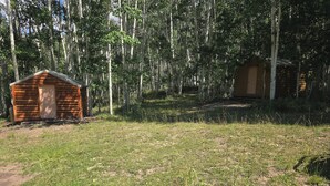 A wooden cabin in a forested area with a grassy yard.