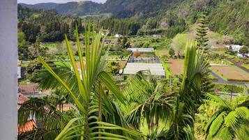 Un paisaje verde y exuberante con vista a un valle y montañas a lo lejos.