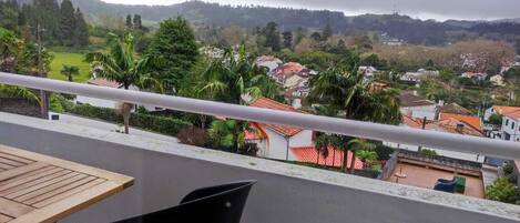 Un balcon donnant sur un quartier résidentiel, avec des maisons aux toits rouges et des palmiers.