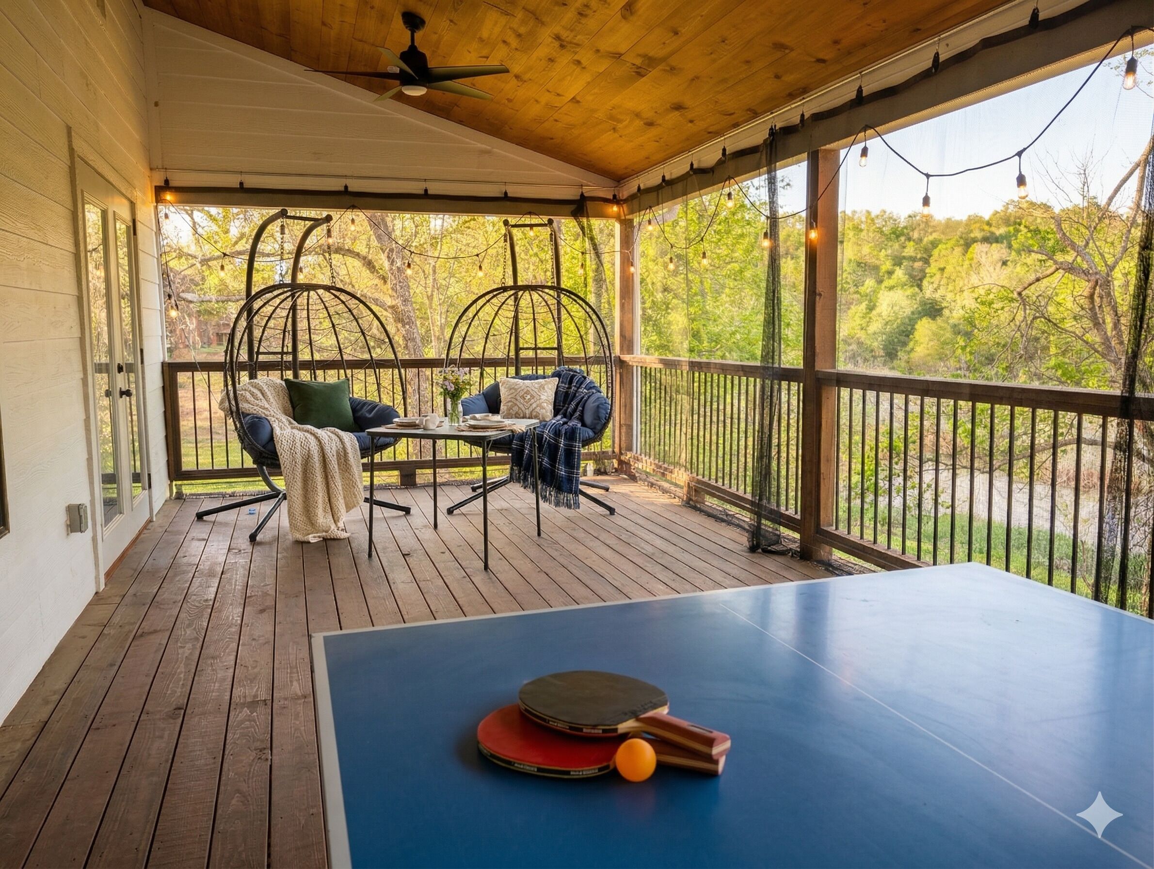A covered outdoor area with a ping pong table, two chairs, and a hanging swing chair.