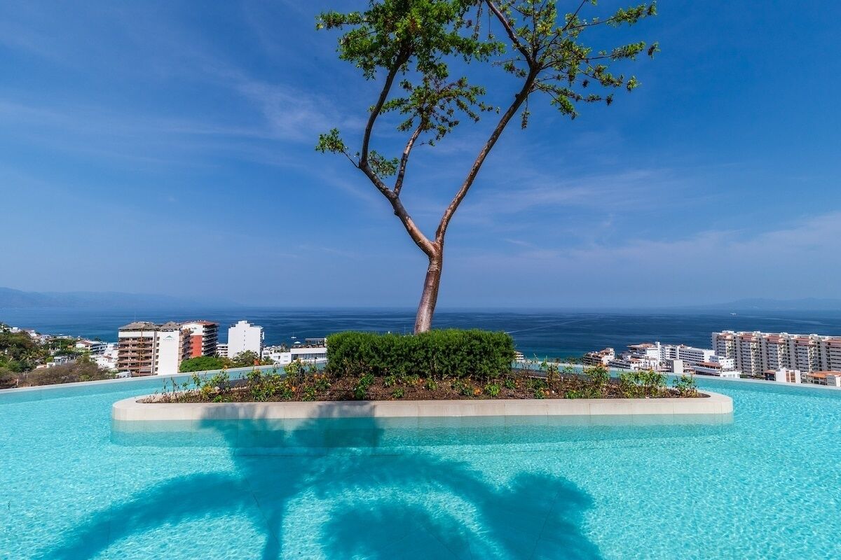 A clear blue pool with a tree in the center, surrounded by buildings and a view of the ocean.