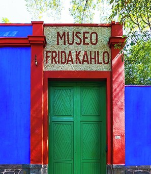 Welcome to Museo Fridakahlo, featuring a striking entrance with a diamond-patterned door and a richly textured facade.