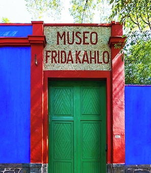 Welcome to Museo Fridakahlo, featuring a striking entrance with a diamond-patterned door and a richly textured facade.