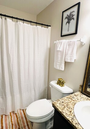 Sèche-cheveux, serviettes fournies, savon, shampoing