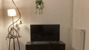 Ein Zimmer mit einem schwarzen Fernseher auf einer Holzkabine, einer Stehlampe und einer hängenden Pflanze.