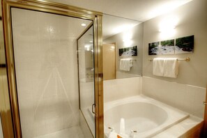 Shower, hair dryer, towels, shampoo - Updated with a Modern Touch, Hot Tub, on the Eagle River (Avon)