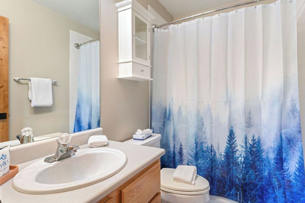 A bathroom with a white sink, a mirror, a cabinet, and a shower curtain with a forest design.